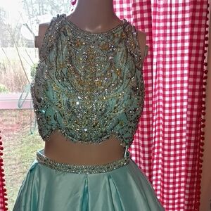 Mac Duggal Aqua Beaded Two-Piece Prom Dress